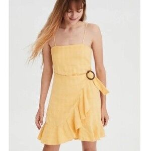 American Eagle Yellow Wrap Dress Women’s Small – Spaghetti  Belted Summer Dress
